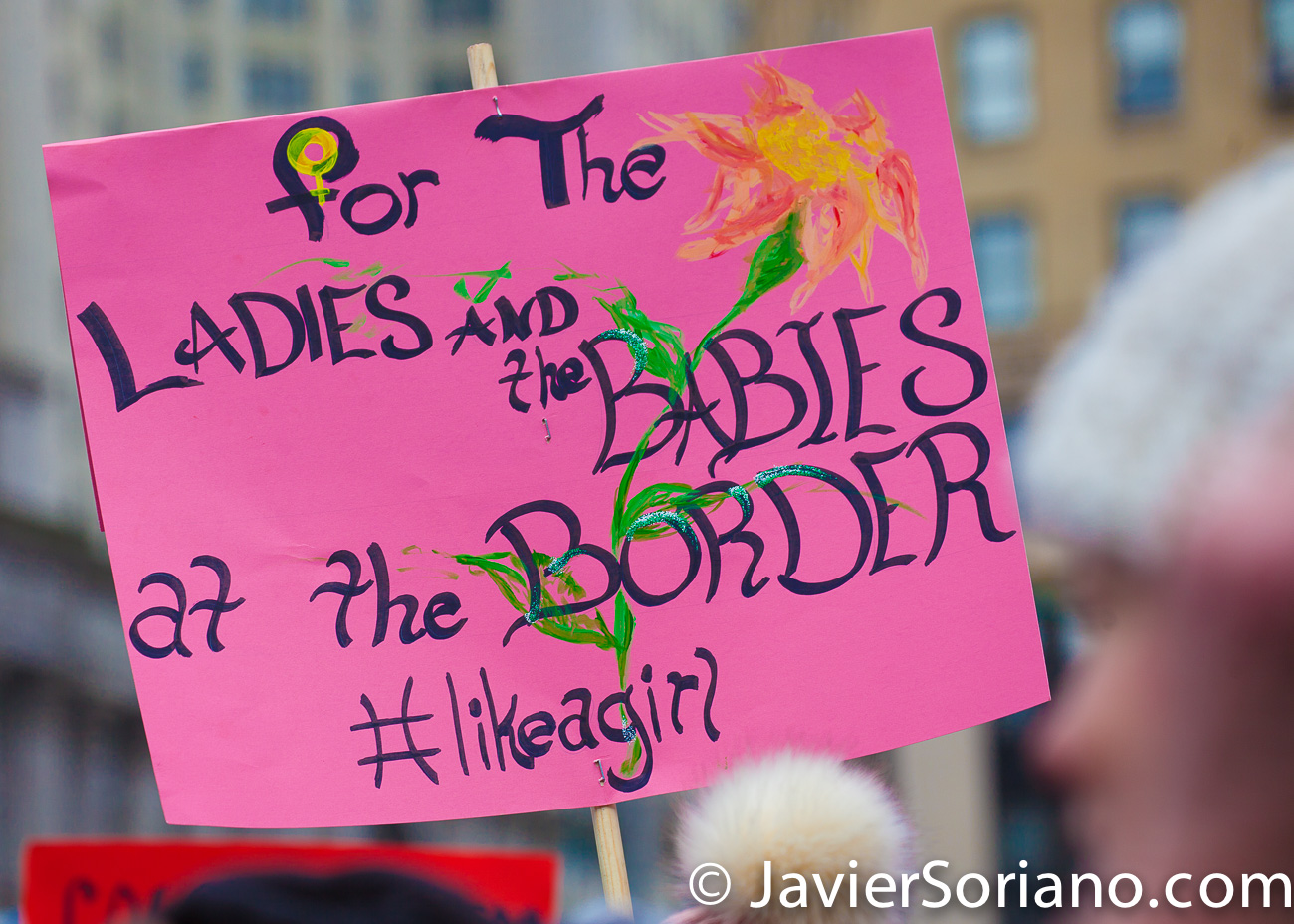 Foley Square, Manhattan. New York City. The third annual Women's March was on Saturday, January 19, 2019. Hundreds of people attended the rally at Foley Square Park in suppport of women's rights. The sign says: "For the ladies and the babies at the border. #LikeAGirl" ("Para las damas y l@s bebés en la frontera") Photo by Javier Soriano/JavierSoriano.com
