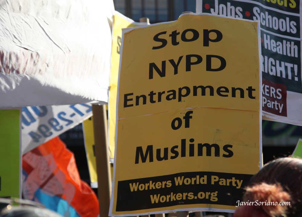 Tuesday, May 1, 2012. New York City - May Day — International Workers’ Day. "Stop NYPD entrapment of Muslims".  Martes 1 de mayo de 2012. Ciudad de Nueva York - May Day - Día Internacional de los Trabajadores.    Photo by Javier Soriano/www.JavierSoriano.com