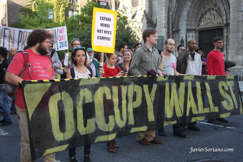 Tuesday, May 1, 2012. New York City - May Day — International Workers’ Day. Protesters of the Occupy Wall Street Movement marching on Broadway on MAY DAY.  Martes 1 de mayo de 2012. Ciudad de Nueva York - May Day - Día Internacional de los Trabajadores.    Photo by Javier Soriano/www.JavierSoriano.com