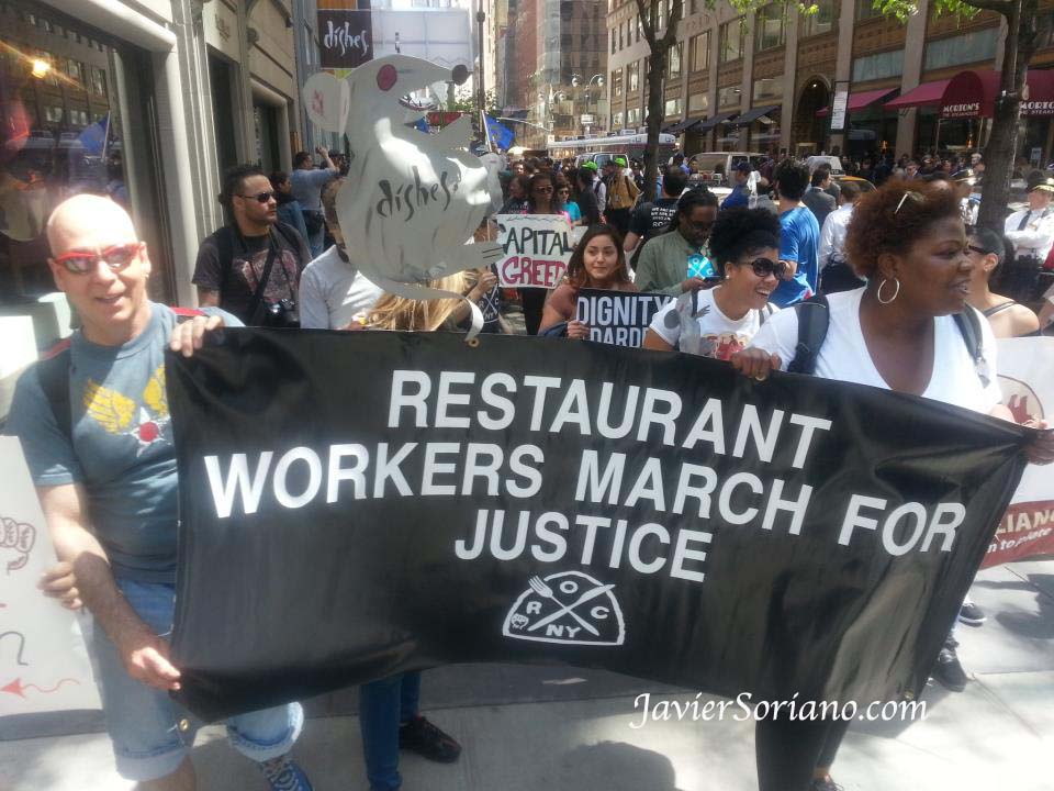Wednesday, May 1, 2013. New York City - International Workers' Day.  "Restaurant workers march for justice" in front of Dishes.  Miércoles 1 de mayo de 2013. Ciudad de Nueva York. Día Internacional de los Trabajadores, también conocido como MAY DAY. "Trabajadores de restaurantes marchan por la justicia" frente a Dishes  Photo by Javier Soriano/www.JavierSoriano.com