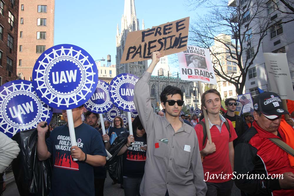 Wednesday, May 1, 2013. New York City - International Workers' Day.  "Free Palestine".  Miércoles 1 de mayo de 2013. Ciudad de Nueva York. Día Internacional de los Trabajadores, también conocido como MAY DAY. "Libertad para Palestina".  Photo by Javier Soriano/www.JavierSoriano.com