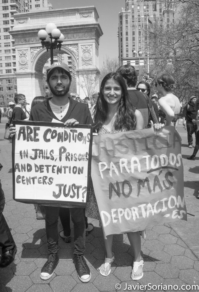 Thursday, May 1, 2014. New York City – International Workers' Day or May Day. Washington Square Park. "Are conditions in jails, prisons and detentions centers just?" "Justicia para todos. No más deportaciones". Protesters in Washington Square Park. They marched to Union Square Park.   Jueves 1 de mayo de 2014. Ciudad de Nueva York: Día Internacional de los Trabajadores o May Day.   Photo by Javier Soriano/JavierSoriano.com