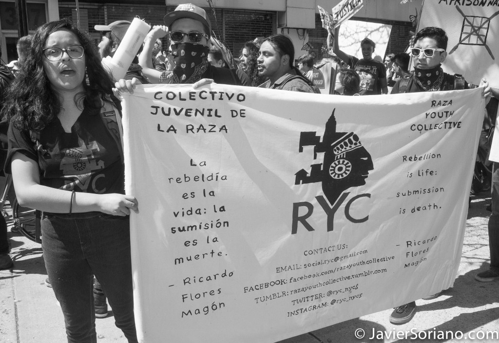 Thursday, May 1, 2014. New York City – International Workers' Day or May Day. Colectivo Juvenil de la Raza. "La rebeldía es la vida, la sumisión es la muerte"_Ricardo Flores Magón. Manifestantes marchando a diferentes lugares en Manhattan y al Union Square Park. Jueves 1 de mayo de 2014. Ciudad de Nueva York: Día Internacional de los Trabajadores o May Day. Photo by Javier Soriano/JavierSoriano.com