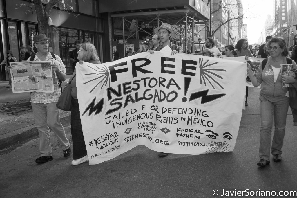 Thursday, May 1, 2014. New York City – International Workers' Day or May Day. Jueves 1 de mayo de 2014. Ciudad de Nueva York: Día Internacional de los Trabajadores o May Day. "Free Nestora Salgado". Photo by Javier Soriano/JavierSoriano.com