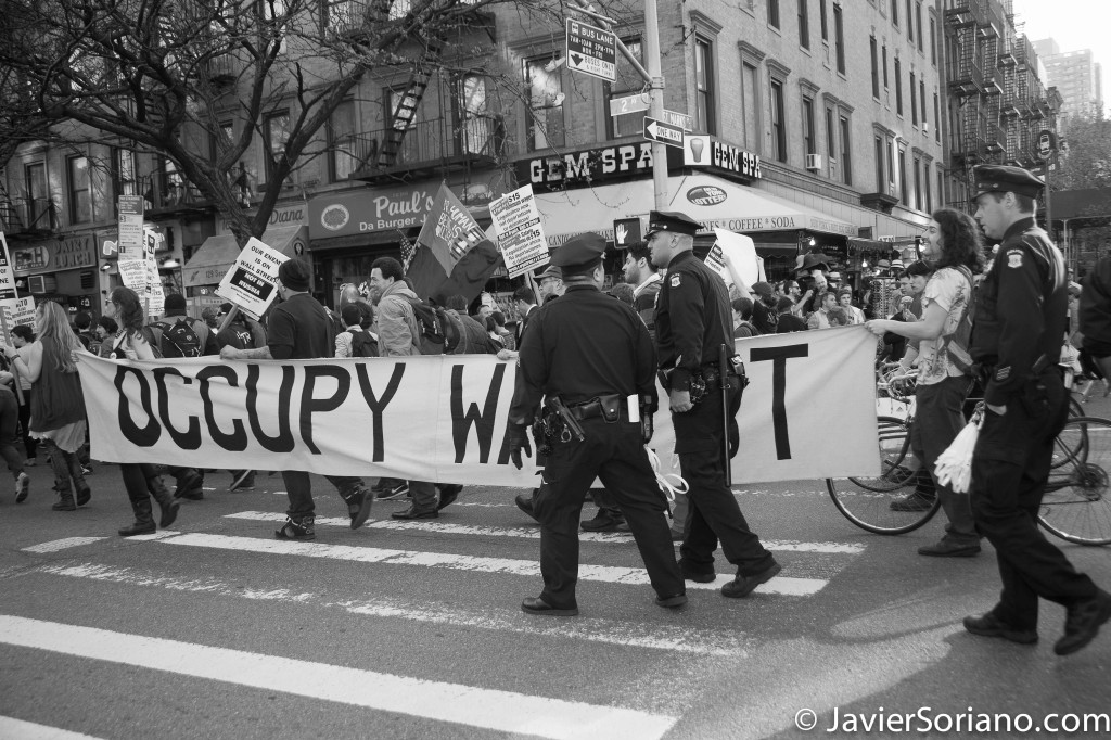 Thursday, May 1, 2014. New York City – International Workers' Day or May Day. "Occupy Wall Street"  Jueves 1 de mayo de 2014. Ciudad de Nueva York: Día Internacional de los Trabajadores o May Day.    Photo by Javier Soriano/JavierSoriano.com