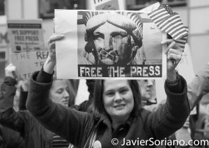 3/25/2017 NYC - People for Free Press. Activist at Bryant Park. "Free the press" Photo by Javier Soriano/www.JavierSoriano.com