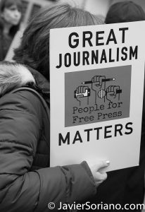 3/25/2017 NYC - People for Free Press. Activist at Bryant Park. "Great journalism matters. People for free press." Photo by Javier Soriano/www.JavierSoriano.com