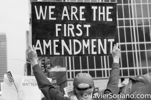 Manhattan, New York City - On Saturday, March 25th, 2017, a group of people gathered at Bryant Park and marched to the New York Times building to support freedom of the press. Photo by Javier Soriano/www.JavierSoriano.com