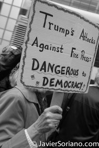 3/25/2017 NYC - People for Free Press. Activist at Bryant Park. "Trump's attacks against free press dangerous to Democracy." Photo by Javier Soriano/www.JavierSoriano.com