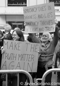 3/25/2017 NYC - People for Free Press. Activist at Bryant Park. "Make the truth matter again." "Democracy dies in darkness and lies. Democracy thrives in light and truth." Photo by Javier Soriano/www.JavierSoriano.com