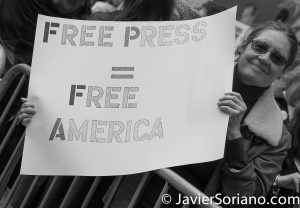 Manhattan, New York City - On Saturday, March 25th, 2017, a group of people gathered at Bryant Park and marched to the New York Times building to support freedom of the press. Photo by Javier Soriano/www.JavierSoriano.com