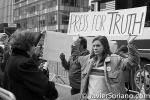 Manhattan, New York City - On Saturday, March 25th, 2017, a group of people gathered at Bryant Park and marched to the New York Times building to support freedom of the press. Photo by Javier Soriano/www.JavierSoriano.com