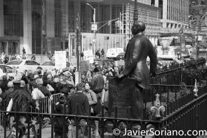 3/25/2017 NYC - People for Free Press. Activists in front of former Mexican President Benito Juárez's statue at Bryant Park. Photo by Javier Soriano/www.JavierSoriano.com