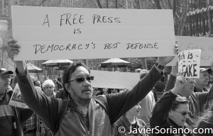 3/25/2017 NYC - People for Free Press. Activists marching from Bryant Park to the New York Times building. "A free press is democracy's best defense." Photo by Javier Soriano/www.JavierSoriano.com