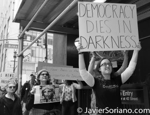 3/25/2017 NYC - People for Free Press. Activists marching from Bryant Park to the New York Times building. "Democracy dies in darkness." Photo by Javier Soriano/www.JavierSoriano.com