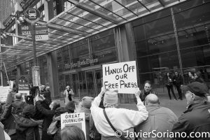 3/25/2017 NYC - People for Free Press. Activists in front of the New York Times building. "Hands off our free press." Photo by Javier Soriano/www.JavierSoriano.com