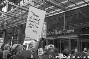 3/25/2017 NYC - People for Free Press. Activists in front of the New York Times building. "Only an educated and informed people will be a free people."_JFK Photo by Javier Soriano/www.JavierSoriano.com
