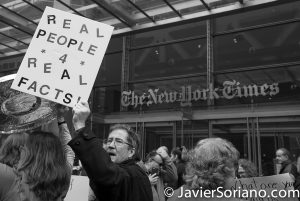 3/25/2017 NYC - People for Free Press. Activists in front of the New York Times building. "Real people 4 real facts!" Photo by Javier Soriano/www.JavierSoriano.com
