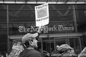 3/25/2017 NYC - People for Free Press. Activists in front of the New York Times building. "Truth matters." Photo by Javier Soriano/www.JavierSoriano.com
