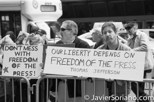 3/25/2017 NYC - People for Free Press. Activists in front of the New York Times building. "Don't mess with freedom of the press!" "Our liberty depends on freedom of the press."_Thomas Jefferson Photo by Javier Soriano/www.JavierSoriano.com