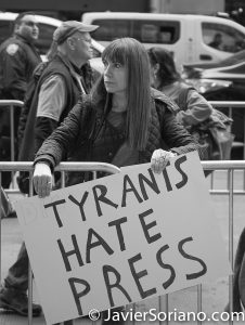 3/25/2017 NYC - People for Free Press. Activists in front of the New York Times building. "Tyrants hate press." Photo by Javier Soriano/www.JavierSoriano.com