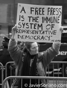 3/25/2017 NYC - People for Free Press. Activists in front of the New York Times building. "A free press is the immune system of representative democracy."_Al Gore Photo by Javier Soriano/www.JavierSoriano.com