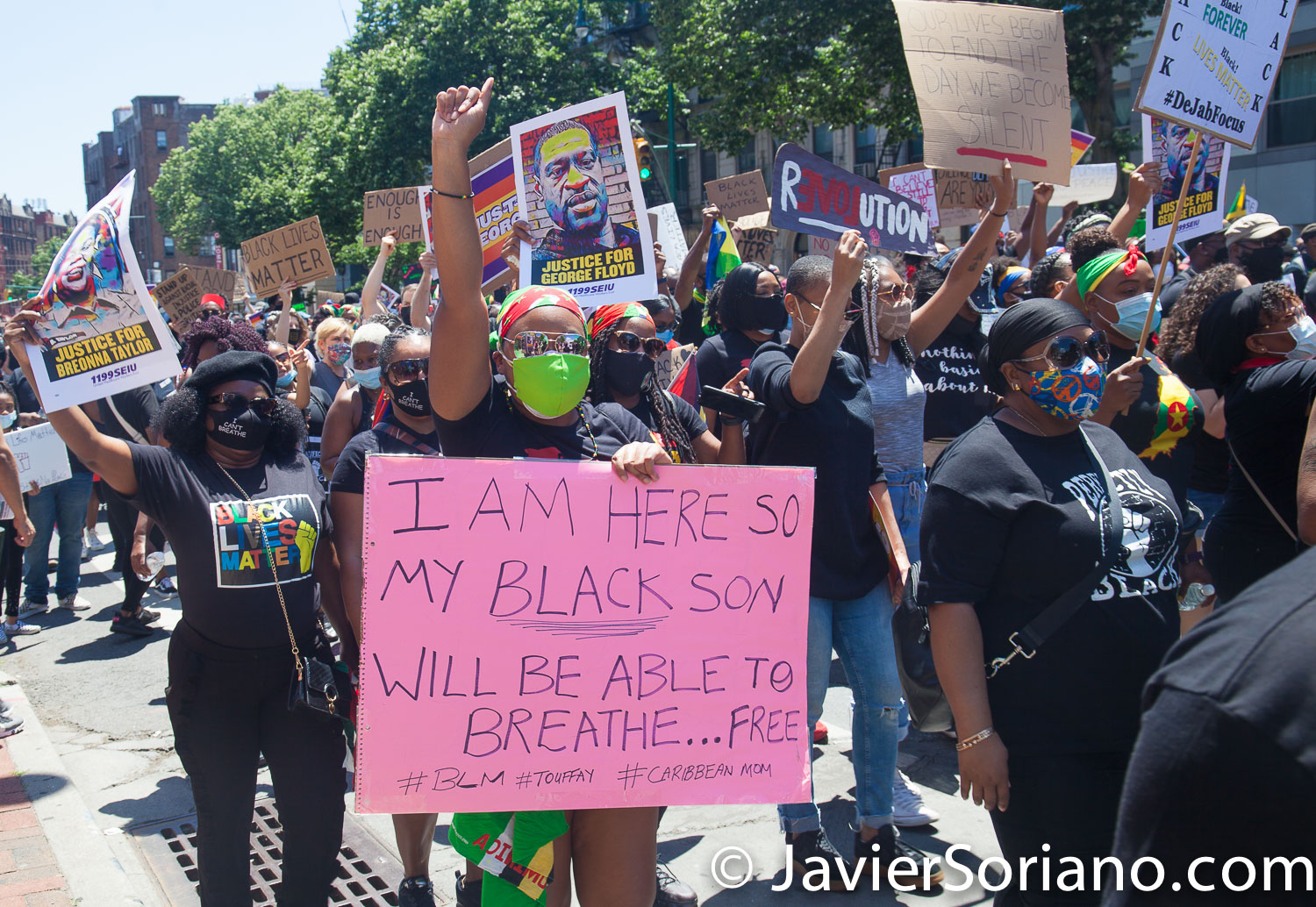 Sunday, June 14, 2020. Brooklyn, New York City - Caribbean Americans gathered on Flatbush Ave and Church Ave in Flatbush and marched to Grand Army Plaza for a rally. Protestors demanded justice for George Floyd, Breonna Taylor and the many other people killed by police officers in the United States of America. They also demanded that Council members and NYC Mayor Bill de Blasio cut the NYPD budget by at least one billion. Photo by Javier Soriano/www.JavierSoriano.com