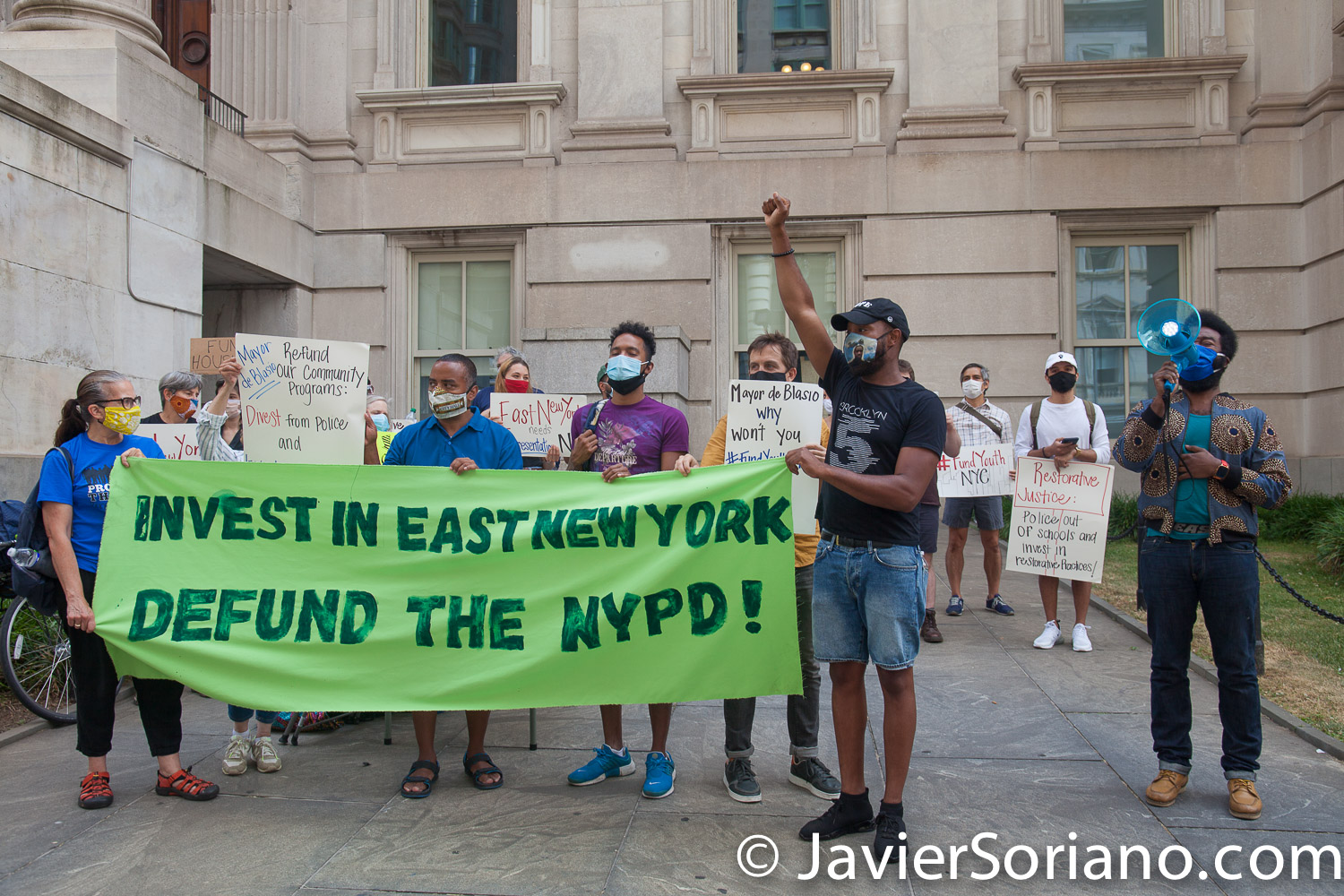 Thursday, June 25, 2020. New York City - Rally “Invest In East New York. Defund The NYPD!” in City Hall Park in Manhattan. Protestors demand NYC Council members, Corey David Johnson, Speaker of the New York City Council and NYC Mayor, Bill de Blasio Defund The NYPD by at least $1 billion and invest in their community. Photo by Javier Soriano/www.JavierSoriano.com