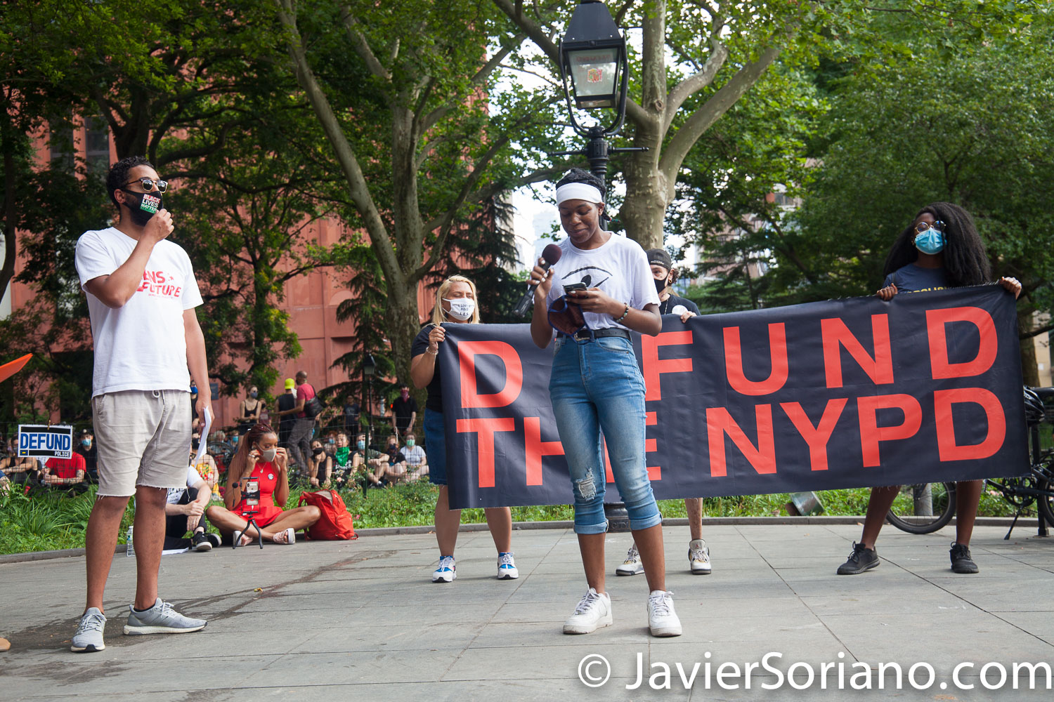 Monday, June 29, 2020. New York City – “Mass March to Defund the NYPD and Abolish the Police” organized by NYC-DSA. People gathered in Washington Square Park in Manhattan and marched to City Hall Park to join people at "Occupy City Hall". Protesters “demand that the City Council cut the NYPD police force and the NYPD budget in half and re-invest in community and social needs.” Photo by Javier Soriano/www.JavierSoriano.com