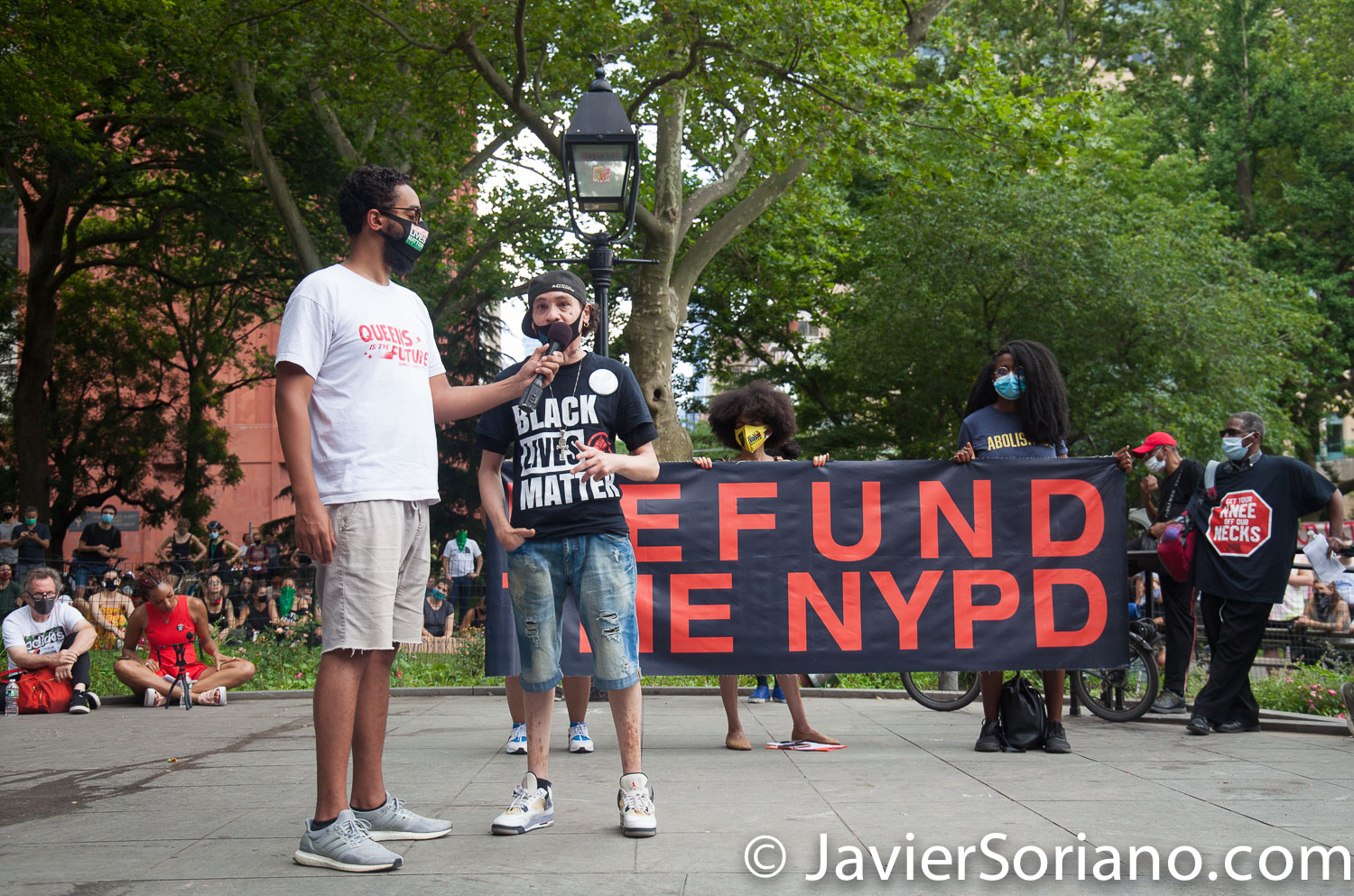 Monday, June 29, 2020. New York City – “Mass March to Defund the NYPD and Abolish the Police” organized by NYC-DSA. People gathered in Washington Square Park in Manhattan and marched to City Hall Park to join people at "Occupy City Hall". Protesters “demand that the City Council cut the NYPD police force and the NYPD budget in half and re-invest in community and social needs.” Photo by Javier Soriano/www.JavierSoriano.com