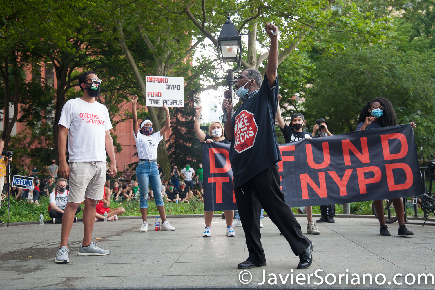 Monday, June 29, 2020. New York City – “Mass March to Defund the NYPD and Abolish the Police” organized by NYC-DSA. People gathered in Washington Square Park in Manhattan and marched to City Hall Park to join people at "Occupy City Hall". Protesters “demand that the City Council cut the NYPD police force and the NYPD budget in half and re-invest in community and social needs.” Photo by Javier Soriano/www.JavierSoriano.com