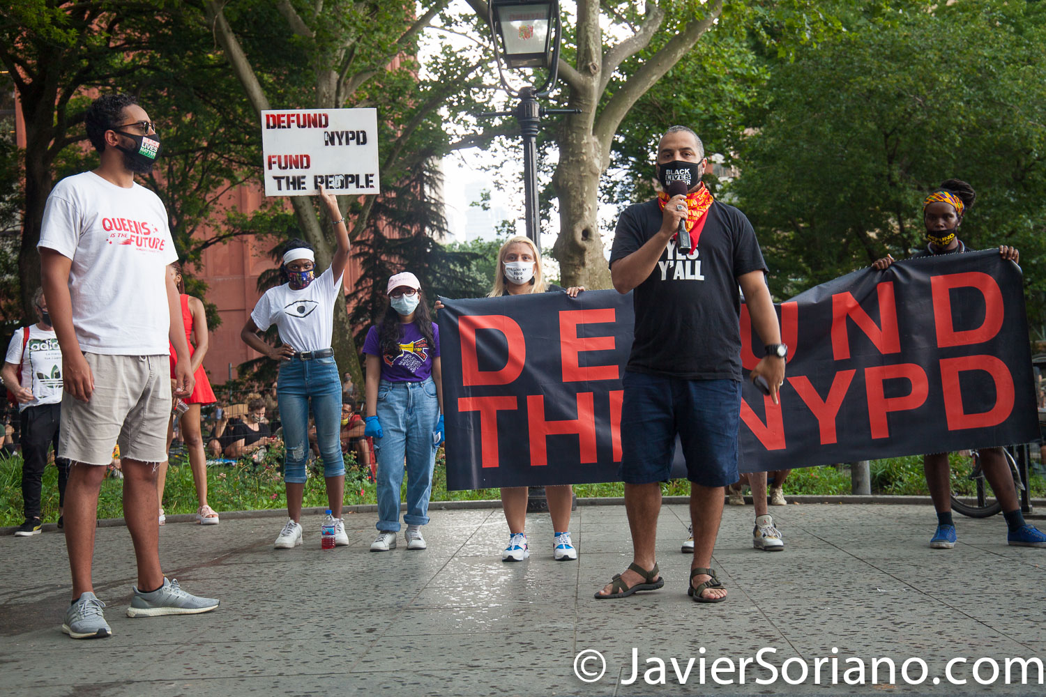 Monday, June 29, 2020. New York City – “Mass March to Defund the NYPD and Abolish the Police” organized by NYC-DSA. People gathered in Washington Square Park in Manhattan and marched to City Hall Park to join people at "Occupy City Hall". Protesters “demand that the City Council cut the NYPD police force and the NYPD budget in half and re-invest in community and social needs.” Photo by Javier Soriano/www.JavierSoriano.com