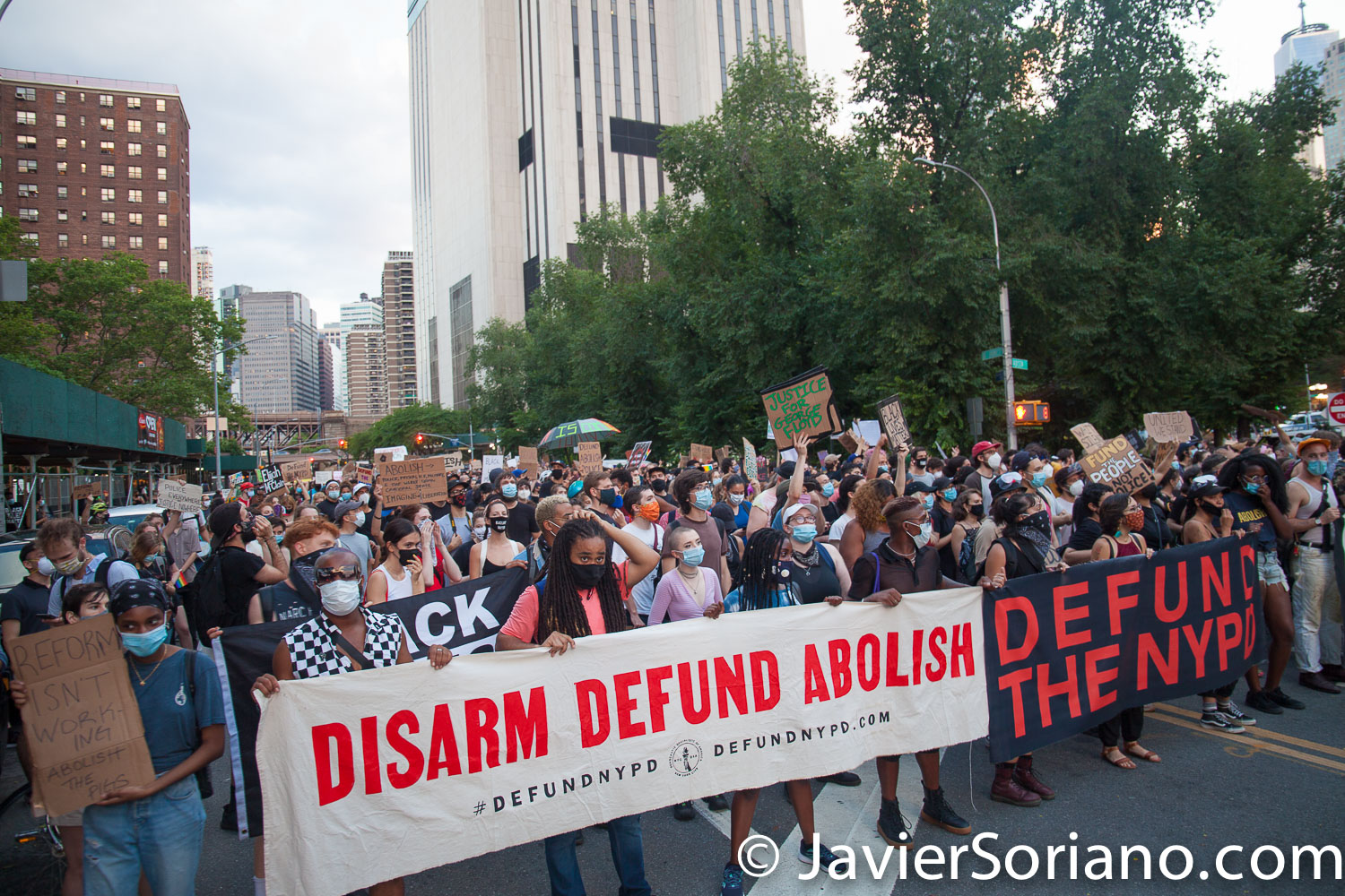 Monday, June 29, 2020. New York City – “Mass March to Defund the NYPD and Abolish the Police” organized by NYC-DSA. People gathered in Washington Square Park in Manhattan and marched to City Hall Park to join people at "Occupy City Hall". Protesters “demand that the City Council cut the NYPD police force and the NYPD budget in half and re-invest in community and social needs.” Photo by Javier Soriano/www.JavierSoriano.com