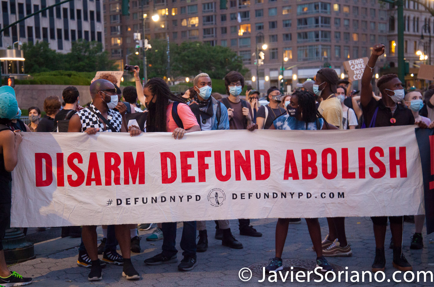 Monday, June 29, 2020. New York City – “Mass March to Defund the NYPD and Abolish the Police” organized by NYC-DSA. People gathered in Washington Square Park in Manhattan and marched to City Hall Park to join people at "Occupy City Hall". Protesters “demand that the City Council cut the NYPD police force and the NYPD budget in half and re-invest in community and social needs.” Protesters at Foley Square Park. Photo by Javier Soriano/www.JavierSoriano.com