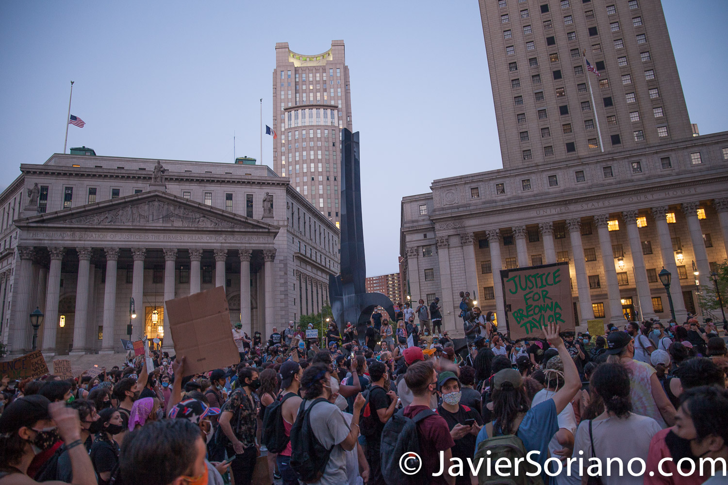 Monday, June 29, 2020. New York City – “Mass March to Defund the NYPD and Abolish the Police” organized by NYC-DSA. People gathered in Washington Square Park in Manhattan and marched to City Hall Park to join people at "Occupy City Hall". Protesters “demand that the City Council cut the NYPD police force and the NYPD budget in half and re-invest in community and social needs.” Protesters at Foley Square Park. Photo by Javier Soriano/www.JavierSoriano.com