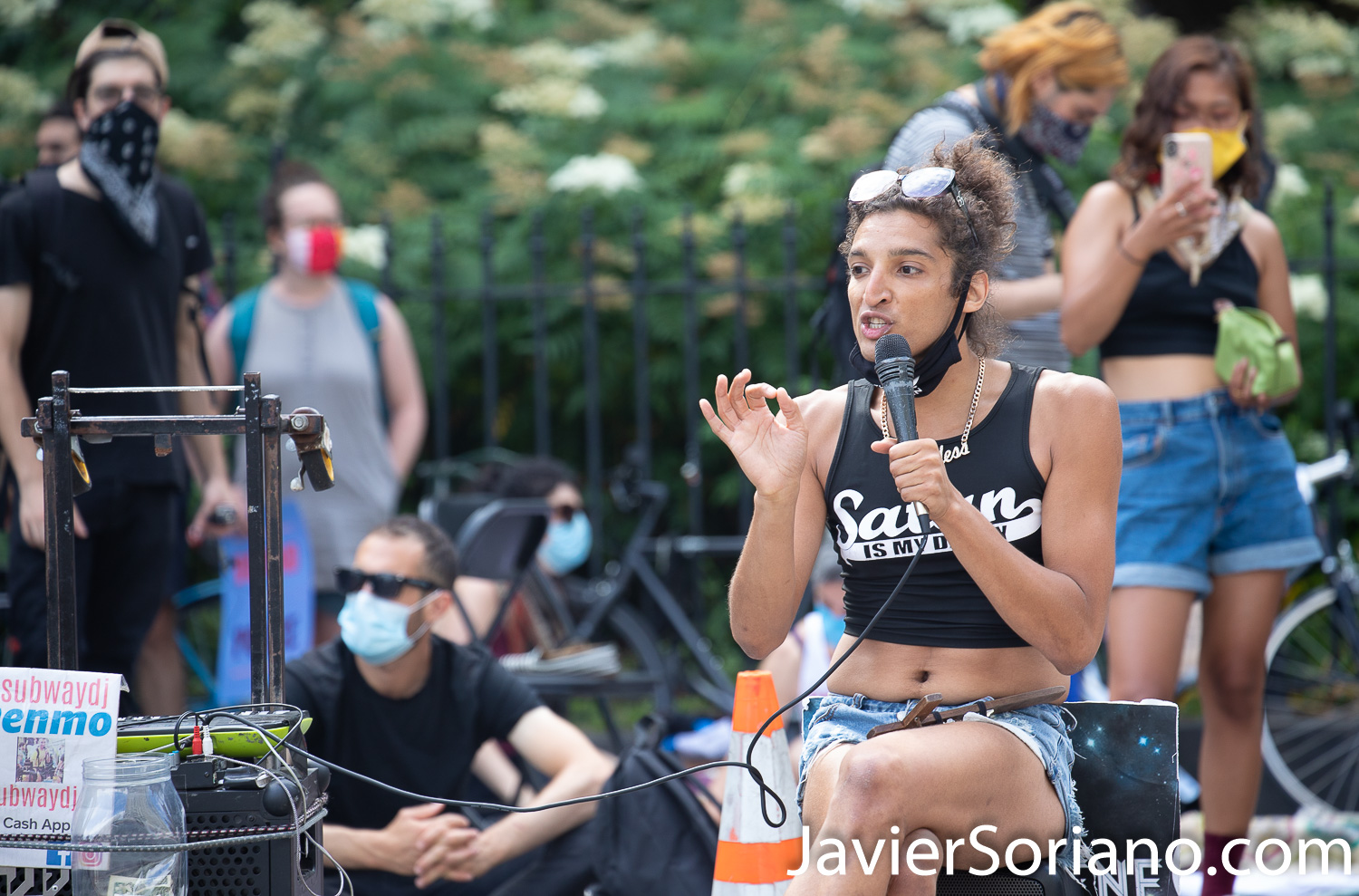 Thursday, June 25, 2020. New York City – “Occupy City Hall” protestors demand NYC Council members, Corey David Johnson, Speaker of the New York City Council and NYC Mayor, Bill de Blasio Defund The NYPD by at least $1 billion and invest in Youth services, affordable housing, healthcare, public education, social workers, and other social services in low income communities. Activists say they are not leaving City Hall Park until at least $1 billion is cut from the NYPD’s $6 billion annual budget. A Trans woman sharing her experience. Photo by Javier Soriano/www.JavierSoriano.com