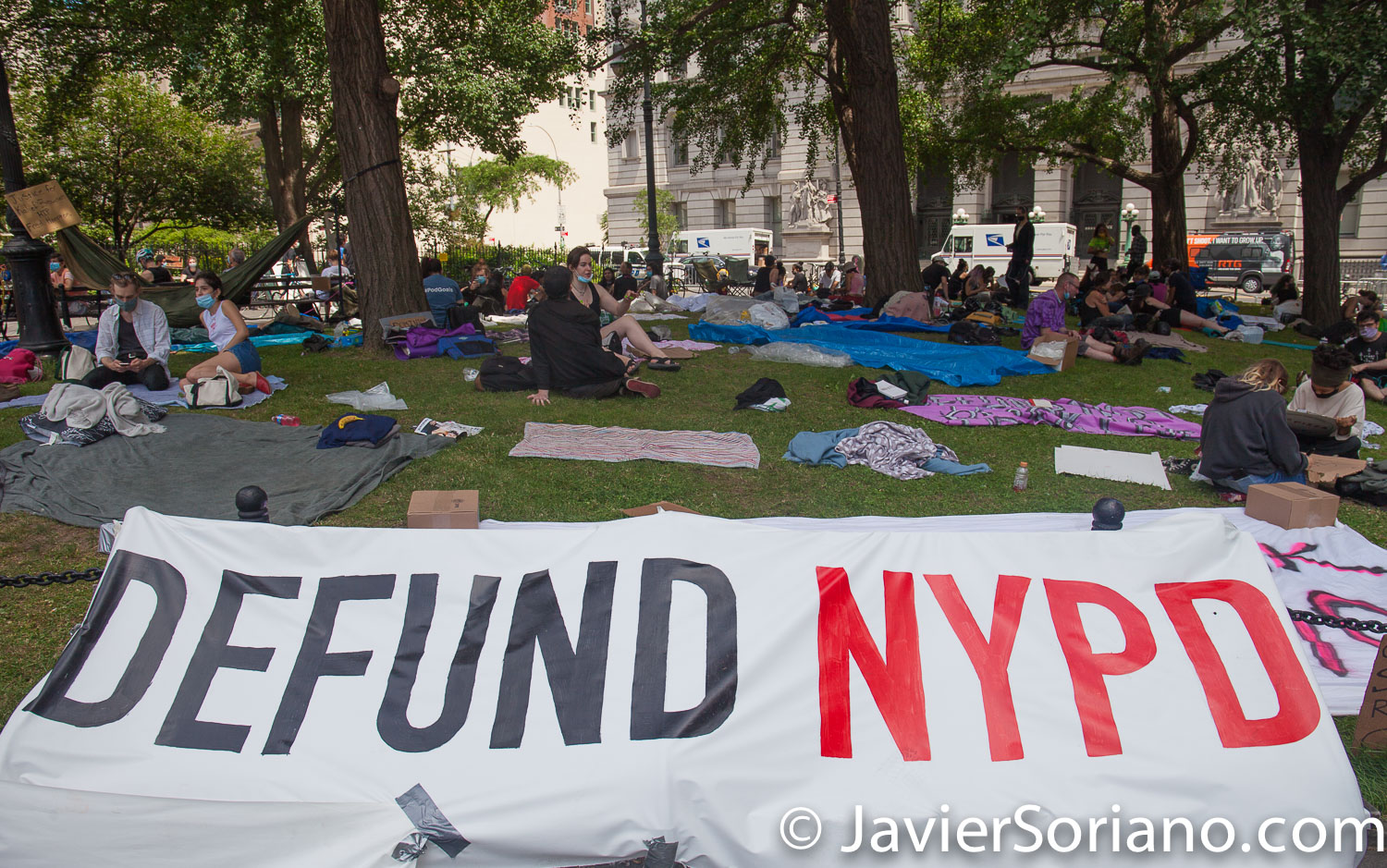 Wednesday, June 24, 2020. New York City – On Tuesday, June 23, 2020, more than hundred people along with VOCAL-New York and New York Communities for Change started to “Occupy City Hall” in New York City. They demand NYC Council members and NYC Mayor Bill de Blasio Defund The NYPD by at least $1 billion and invest in Youth services, affordable housing, healthcare, public education, social workers, and other social services in low income communities. Activists say they are not leaving City Hall Park until at least $1 billion is cut from the NYPD’s $6 billion budget. Photo by Javier Soriano/www.JavierSoriano.com