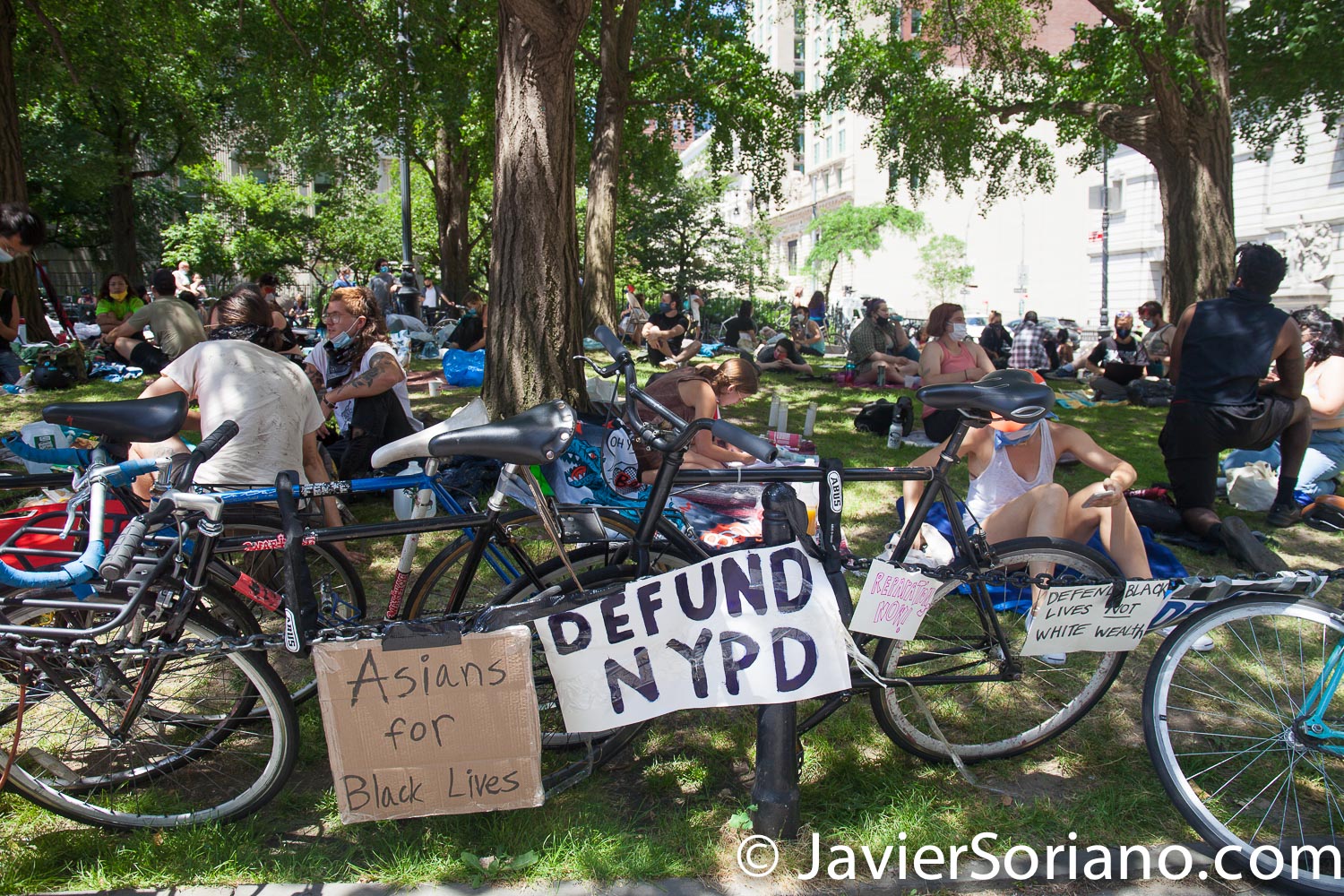 Wednesday, June 24, 2020. New York City – On Tuesday, June 23, 2020, more than hundred people along with VOCAL-New York and New York Communities for Change started to “Occupy City Hall” in New York City. They demand NYC Council members and NYC Mayor Bill de Blasio Defund The NYPD by at least $1 billion and invest in Youth services, affordable housing, healthcare, public education, social workers, and other social services in low income communities. Activists say they are not leaving City Hall Park until at least $1 billion is cut from the NYPD’s $6 billion budget. Photo by Javier Soriano/www.JavierSoriano.com
