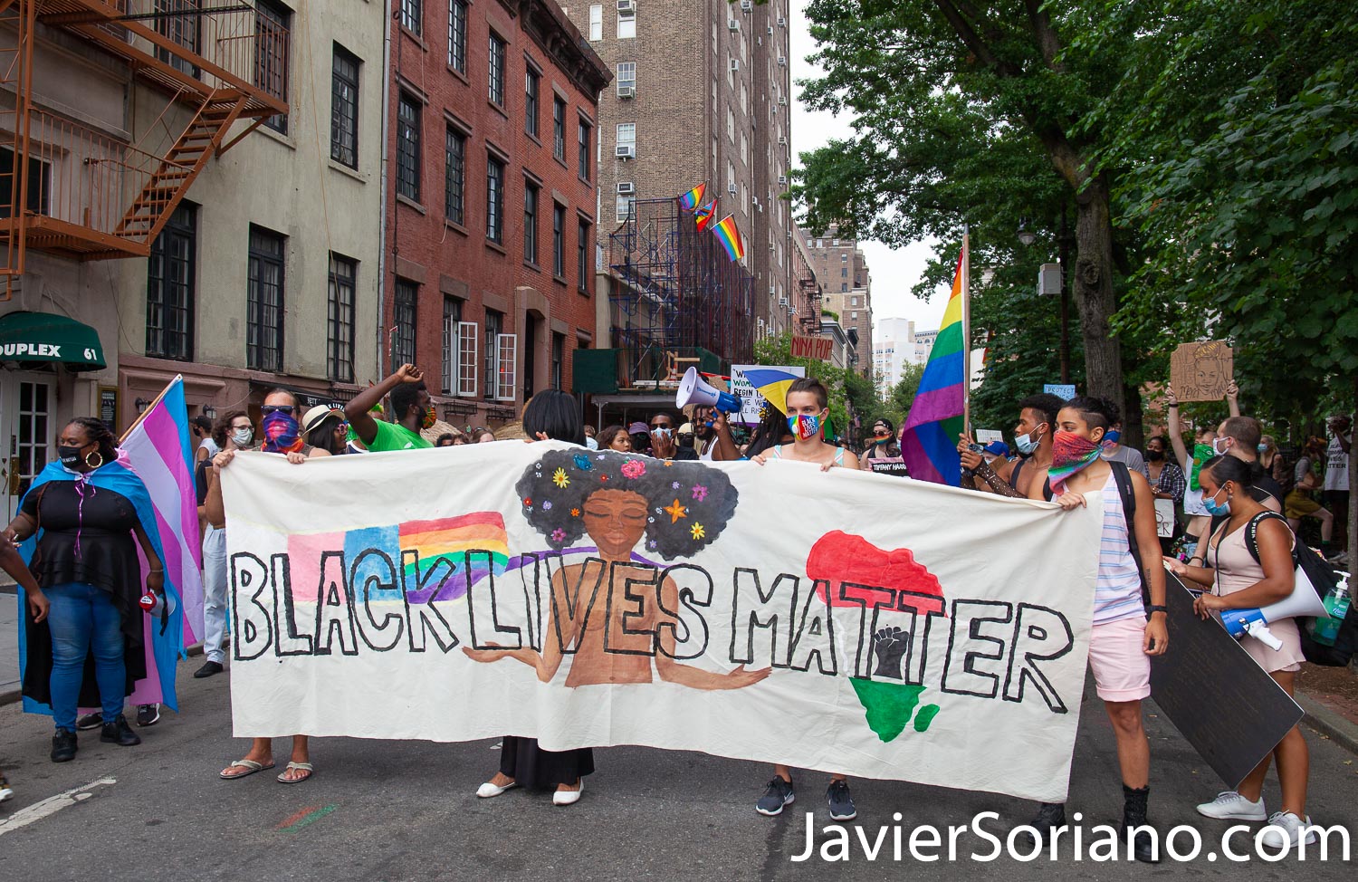 Thursday, July 30, 2020. Manhattan, New York City - Rally and March: “Liberation for Black Queer and Trans people.” Protesters had a rally in front of The Stonewall Inn. After the rally, they marched to Foley Square Park. A Trans woman said sometimes Trans women and Trans men are killed by police and sometimes they are killed by their own community. Activists said all Black Lives Matter. Joel rivera said, the rally and march was to honor and acknowledge Black Queer and Trans people. Photo by Javier Soriano/www.JavierSoriano.com