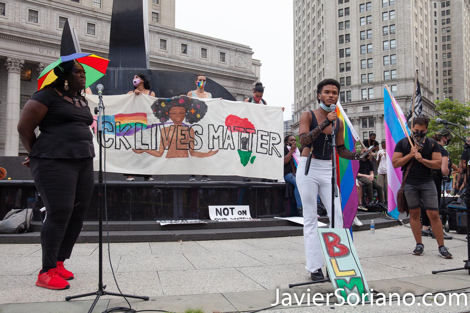 Thursday, July 30, 2020. Manhattan, New York City - Rally and March: “Liberation for Black Queer and Trans people.” Protesters had a rally in front of The Stonewall Inn. After the rally, they marched to Foley Square Park. A Trans woman said sometimes Trans women and Trans men are killed by police and sometimes they are killed by their own community. Activists said all Black Lives Matter. Joel rivera said, the rally and march was to honor and acknowledge Black Queer and Trans people. Photo by Javier Soriano/www.JavierSoriano.com