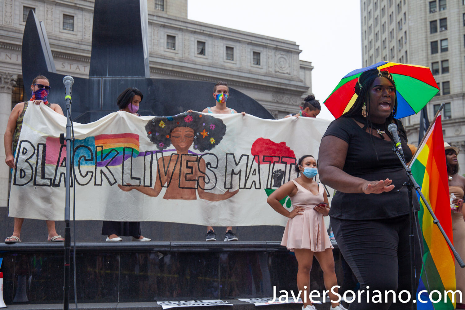 Thursday, July 30, 2020. Manhattan, New York City - Rally and March: “Liberation for Black Queer and Trans people.” Protesters had a rally in front of The Stonewall Inn. After the rally, they marched to Foley Square Park. A Trans woman said sometimes Trans women and Trans men are killed by police and sometimes they are killed by their own community. Activists said all Black Lives Matter. Joel rivera said, the rally and march was to honor and acknowledge Black Queer and Trans people. Photo by Javier Soriano/www.JavierSoriano.com