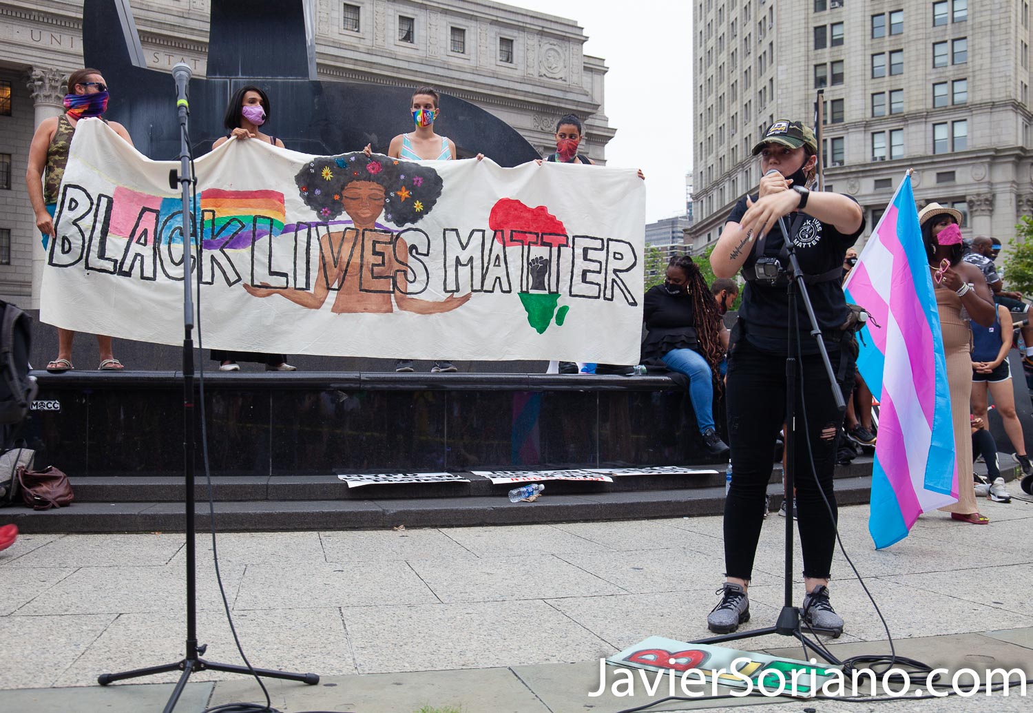 Thursday, July 30, 2020. Manhattan, New York City - Rally and March: “Not in our city. Not on our watch.” Demonstrators gathered at Foley Square Park where they had a rally. Speakers spoke in support of undocumented immigrants, Trans women, Trans men and the Black community, in general. After the rally, protesters marched to Park Row and Worth St where activists staged a Die-in for victims of police brutality in New York and in the country. Demonstrators also demanded the resignation of the New York City Police Commissioner, Dermot Shea. Photo by Javier Soriano/www.JavierSoriano.com