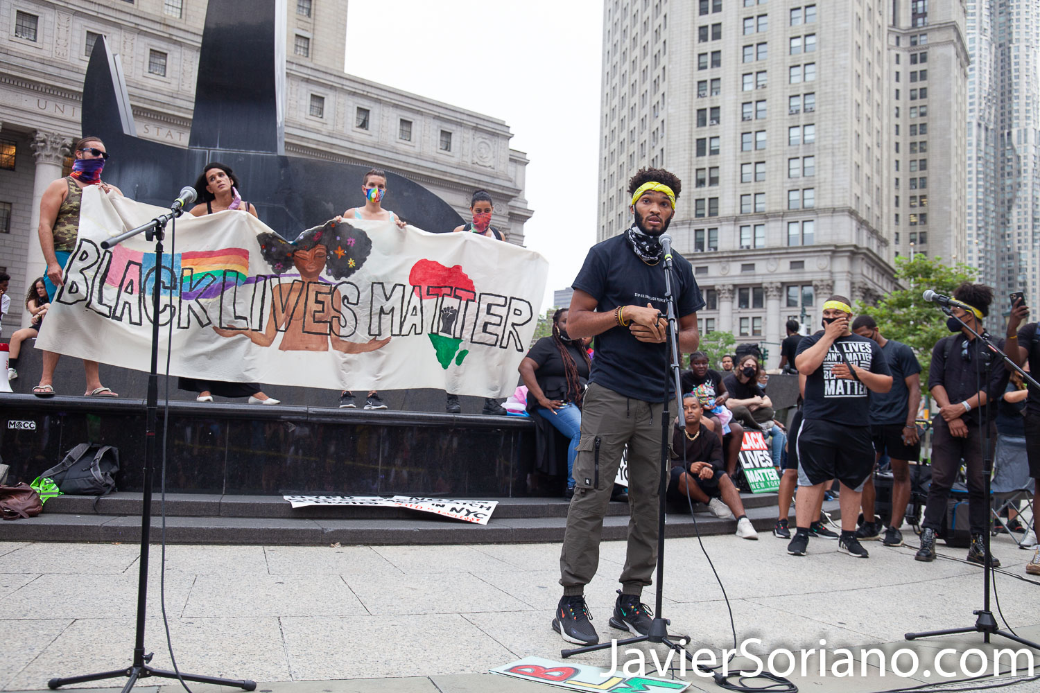 Thursday, July 30, 2020. Manhattan, New York City - Rally and March: “Not in our city. Not on our watch.” Demonstrators gathered at Foley Square Park where they had a rally. Speakers spoke in support of undocumented immigrants, Trans women, Trans men and the Black community, in general. After the rally, protesters marched to Park Row and Worth St where activists staged a Die-in for victims of police brutality in New York and in the country. Demonstrators also demanded the resignation of the New York City Police Commissioner, Dermot Shea. Photo by Javier Soriano/www.JavierSoriano.com
