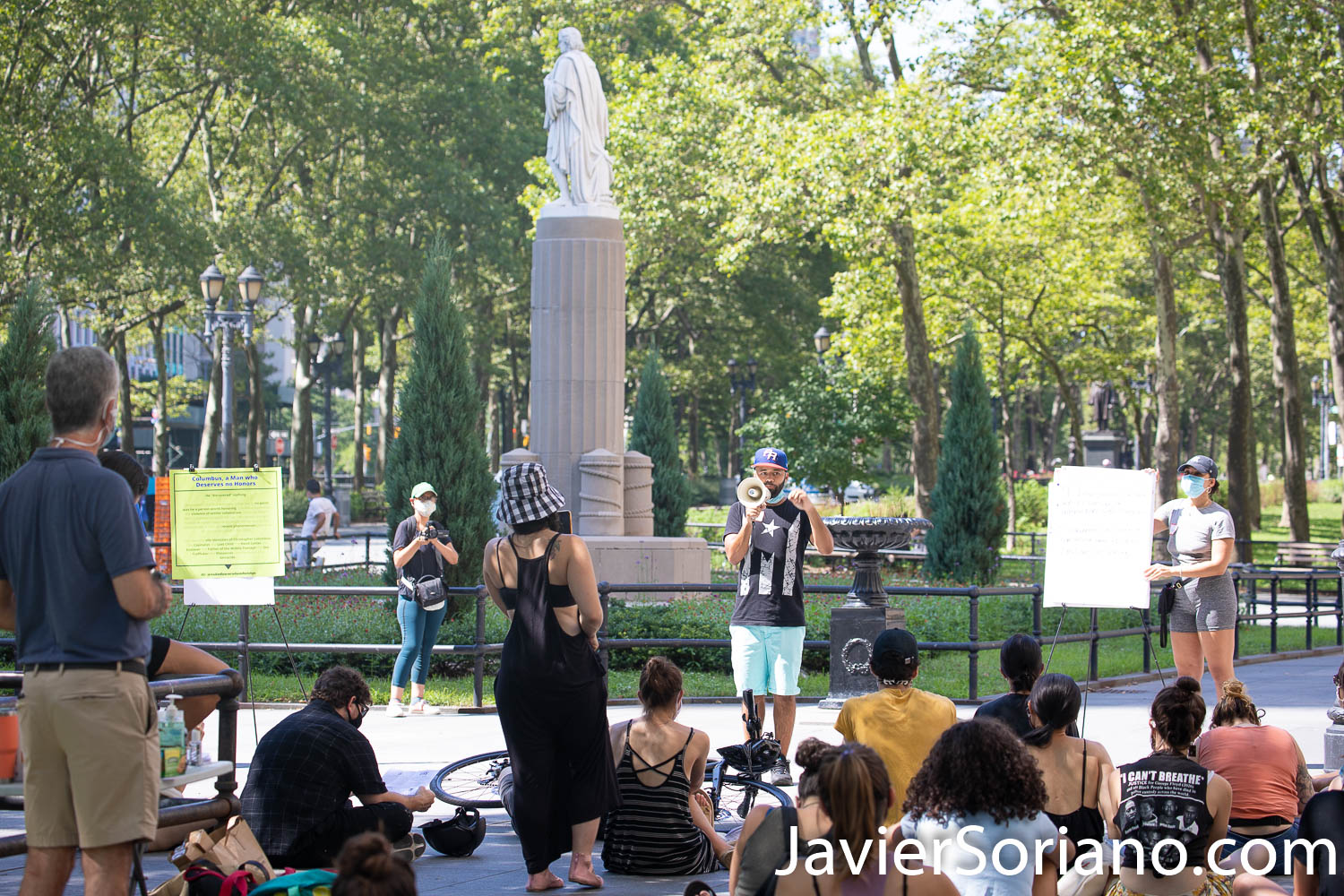 Saturday, July 18, 2020. Brooklyn, New York City – “The Vile identities of Christopher Columbus: A Teach-In.” This event was in Columbus Park. Downtown Brooklyn, New York City. Organizers say, “We are community members who are demanding that all statues of Columbus are taken down by October 12th, 2020. Columbus represents the oppression and violence of colonialism." Photo by Javier Soriano/www.JavierSoriano.com