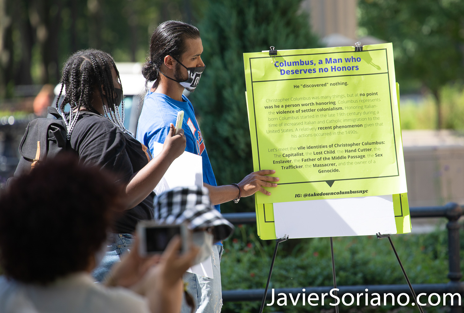 Saturday, July 18, 2020. Brooklyn, New York City – “The Vile identities of Christopher Columbus: A Teach-In.” This event was in Columbus Park. Downtown Brooklyn, New York City. Organizers say, “We are community members who are demanding that all statues of Columbus are taken down by October 12th, 2020. Columbus represents the oppression and violence of colonialism." Photo by Javier Soriano/www.JavierSoriano.com