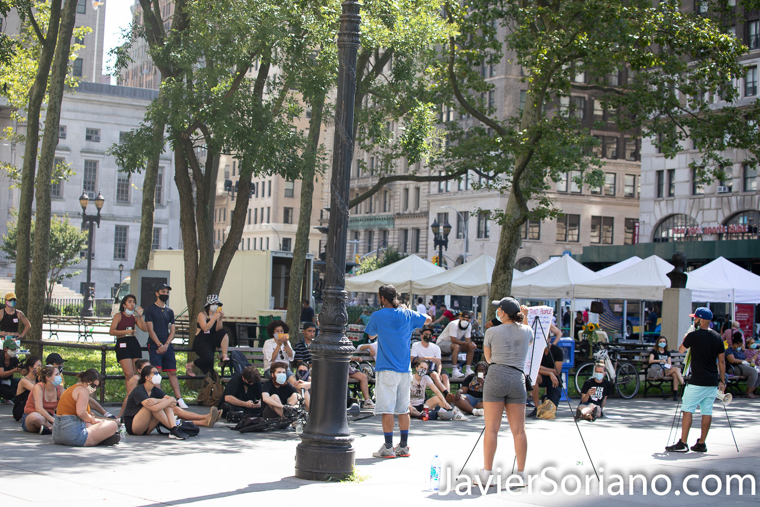 Saturday, July 18, 2020. Brooklyn, New York City – “The Vile identities of Christopher Columbus: A Teach-In.” This event was in Columbus Park. Downtown Brooklyn, New York City. Organizers say, “We are community members who are demanding that all statues of Columbus are taken down by October 12th, 2020. Columbus represents the oppression and violence of colonialism." Photo by Javier Soriano/www.JavierSoriano.com