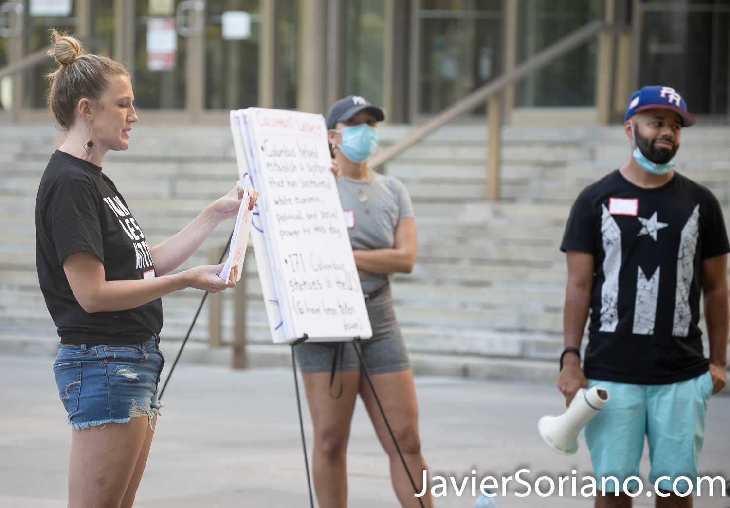 Saturday, July 18, 2020. Brooklyn, New York City – “The Vile identities of Christopher Columbus: A Teach-In.” This event was in Columbus Park. Downtown Brooklyn, New York City. Organizers say, “We are community members who are demanding that all statues of Columbus are taken down by October 12th, 2020. Columbus represents the oppression and violence of colonialism." Photo by Javier Soriano/www.JavierSoriano.com