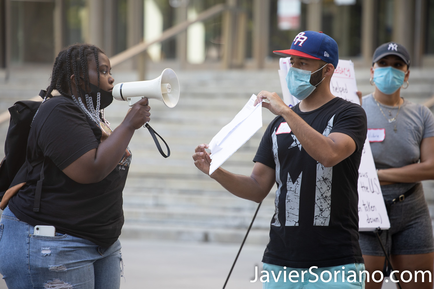 Saturday, July 18, 2020. Brooklyn, New York City – “The Vile identities of Christopher Columbus: A Teach-In.” This event was in Columbus Park. Downtown Brooklyn, New York City. Organizers say, “We are community members who are demanding that all statues of Columbus are taken down by October 12th, 2020. Columbus represents the oppression and violence of colonialism." Photo by Javier Soriano/www.JavierSoriano.com