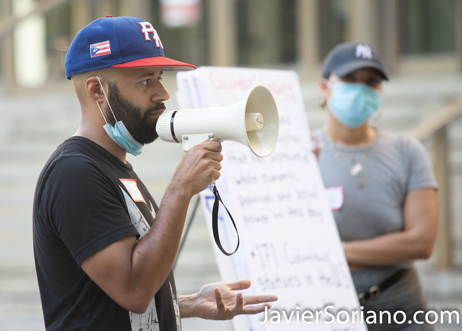 Saturday, July 18, 2020. Brooklyn, New York City – “The Vile identities of Christopher Columbus: A Teach-In.” This event was in Columbus Park. Downtown Brooklyn, New York City. Organizers say, “We are community members who are demanding that all statues of Columbus are taken down by October 12th, 2020. Columbus represents the oppression and violence of colonialism." Photo by Javier Soriano/www.JavierSoriano.com