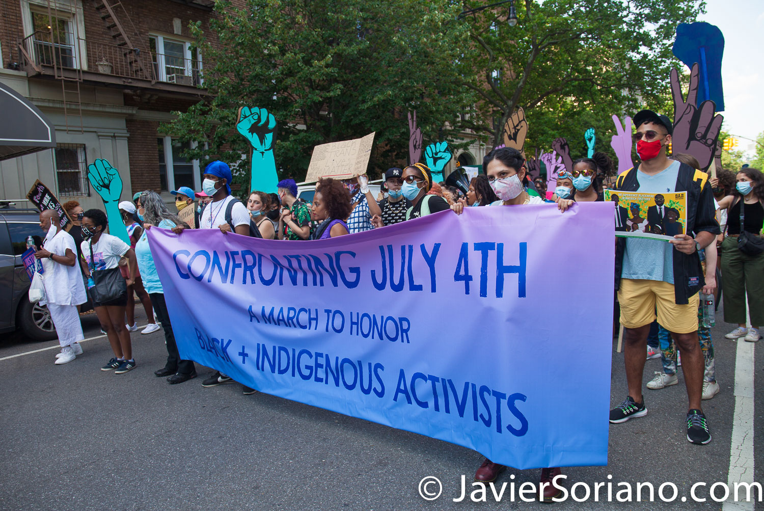 Saturday, July 4, 2020. Brooklyn. New York City – March and rally: “Confronting July 4th. A march to honor Black and Indigenous activists.” The march started in Fort Green Park and end it in Prospect Park, where they had a rally. Demonstrators said, "This country is founded on the genocide of Indigenous nations, the theft of their land, and the enslavement of African peoples." Photo by Javier Soriano/www.JavierSoriano.com